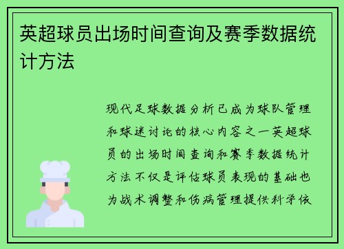 英超球员出场时间查询及赛季数据统计方法